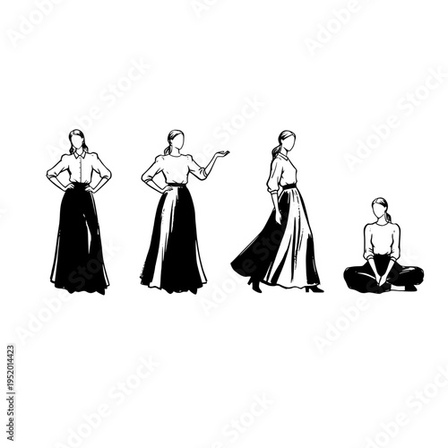 A collection of fashion illustrations featuring a woman in a long skirt in four different poses