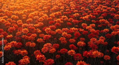 Field of orange and red flowers illuminated by warm sunlight creating a vibrant floral display