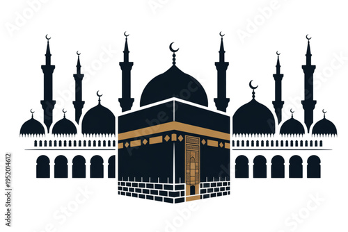 A minimalist illustration of a mosque with domes and minarets on transparent background