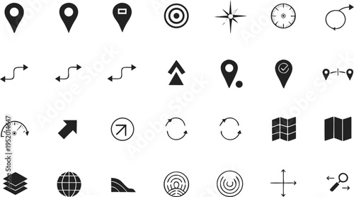 Navigation map set with location pin compass symbols