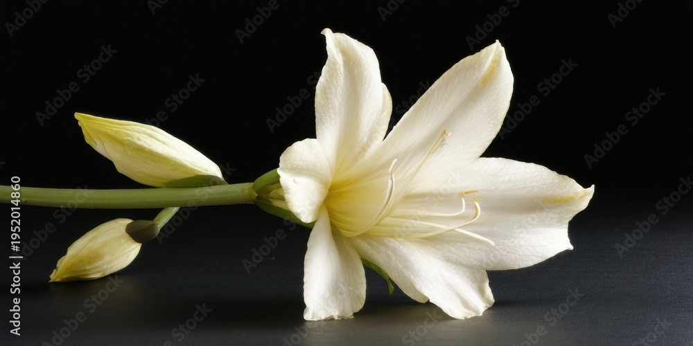 Fototapeta premium White flower blooms, delicate petals visible against dark background. Simple elegance, natural beauty captured in studio lighting.