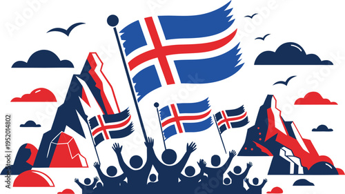 Icelandic republic day celebration silhouette with waving flags icelandic flag