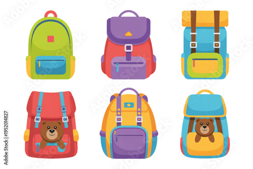 A colorful illustration of six cartoon backpacks on transparent background