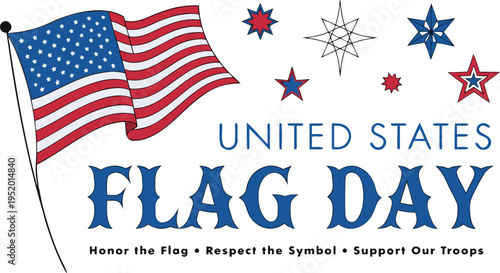 United states flag day celebration concept with waving american flag and stars patriotic