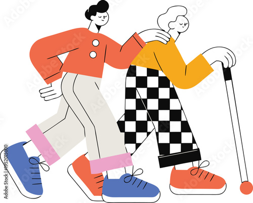 Young man supporting elderly person walk with cane walking helping