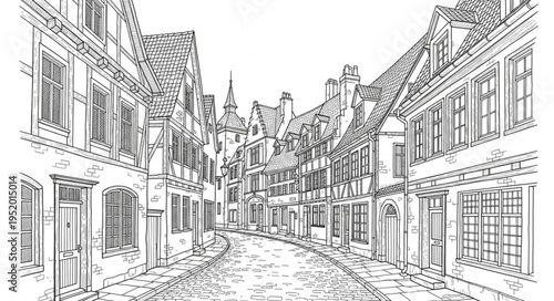Detailed Architectural Sketch of a Quaint European Street.