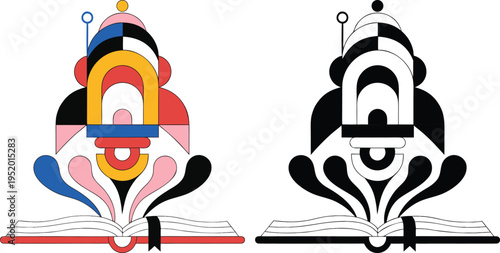 Colorful surreal rocket emerges from open book abstract