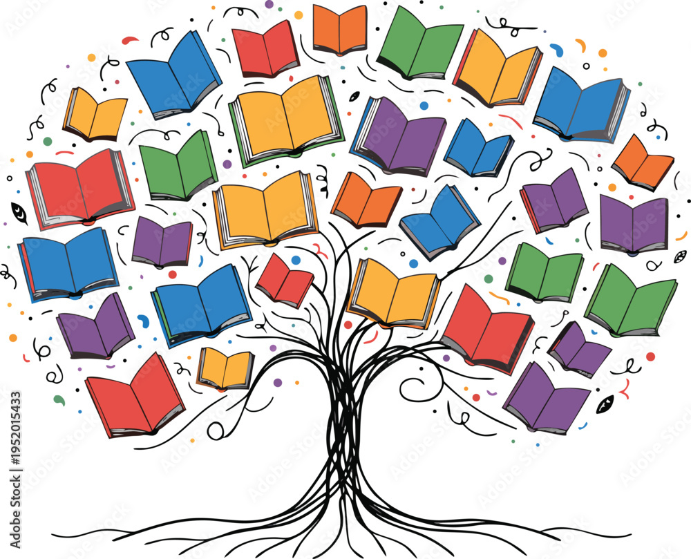 Fototapeta premium Colorful tree with books growing on branches and confetti whimsical