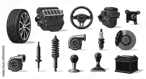 Assortment of Car Parts - Engine, Wheel, Steering Wheel, and More.