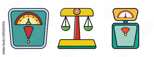 Illustration of balance scales and weight scales for measurement and comparison of weight and mass