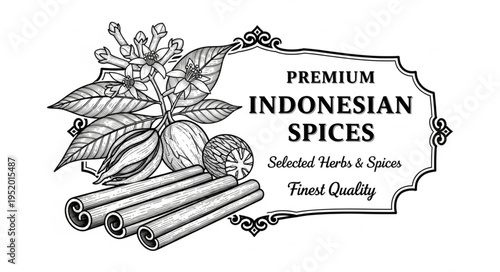 Vintage Indonesian Spices Label with Cinnamon, Nutmeg, and Botanical Elements.