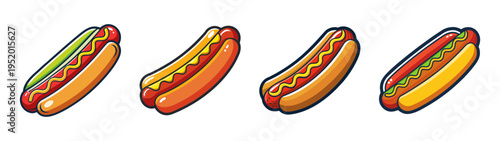 Delicious hot dog illustration set with mustard and relish for food blog and restaurant menu design