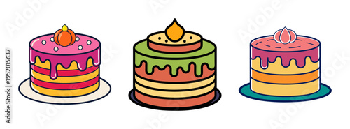 Isometric cake illustration featuring colorful layered cakes with dripping icing design vector