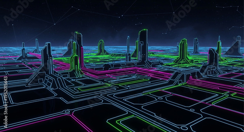Futuristic Cityscape with Neon Lights and Geometric Patterns.