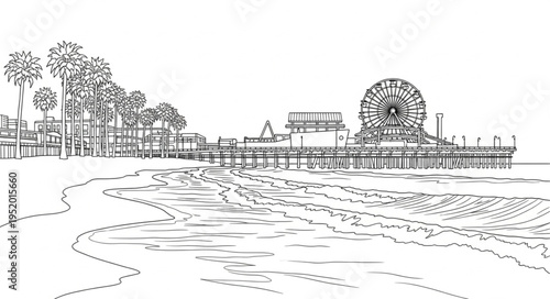 Detailed Line Art of Santa Monica Pier and Beach.