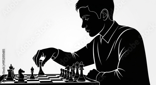Silhouette of a Man Concentrating on a Chess Game.