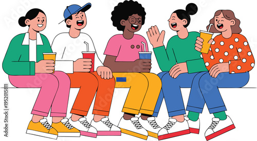 Five friends laughing and chatting while sitting with drinks