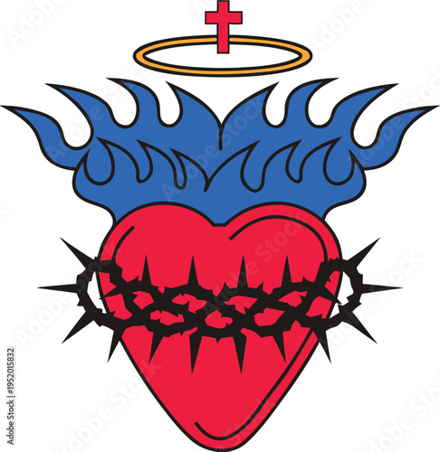 Sacred heart with flames halo and cross flaming heart colombian symbol catholic heart with thorns