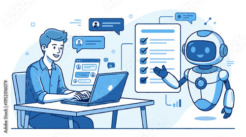 Man interacting with ai chatbot on laptop for customer support and automation technology