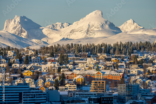 Tromso city as gateway to the Arctic with snowy mountains in Norway