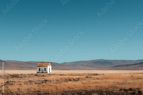 Lonely white house on a vast plain under a clear blue sky in a remote location