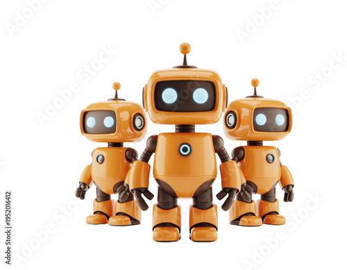 Three orange robots standing together on a transparent background