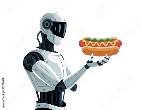 A robot holding a hot dog on transparent background
