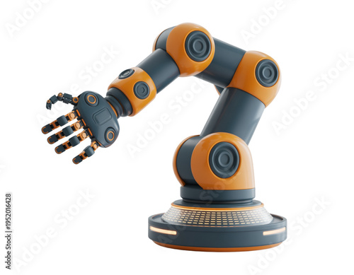 A robotic arm with orange and gray components on a transparent background