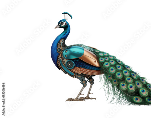 A vibrant peacock with robotic elements standing proudly on a transparent background