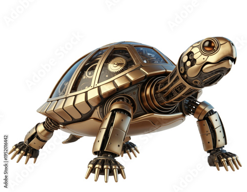 A steampunk-style robotic turtle with a metallic body and mechanical limbs on a transparent background