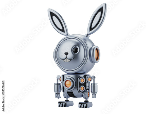 A cute robot rabbit character with glowing orange eyes on transparent background