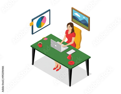 A woman in a red dress sitting at a green desk with a laptop and working on a project on transparent background