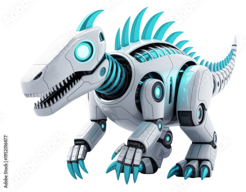 A futuristic robotic dinosaur with glowing blue eyes and sharp claws on transparent background