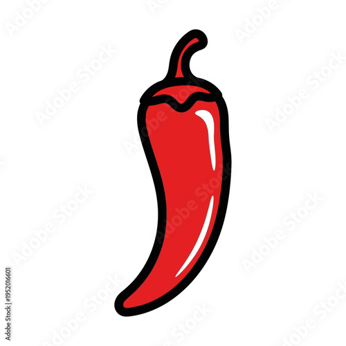 A vibrant red chili pepper with a glossy sheen and a thick black outline, isolated on a white background.