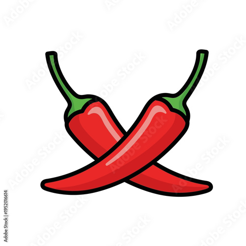 Two vibrant red chili peppers crossed in an 'X' shape, symbolizing heat and spice.