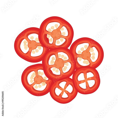 A vibrant illustration of several sliced red chili peppers, showcasing their internal seeds and white pith.