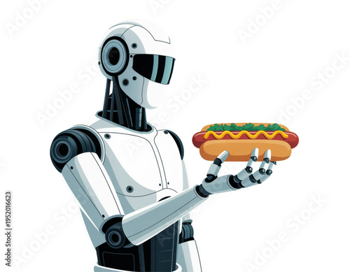 A robot holding a hot dog on transparent background