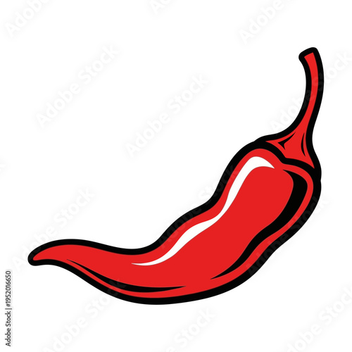 A vibrant red chili pepper with a glossy finish and a black outline, presented against a clean white background.