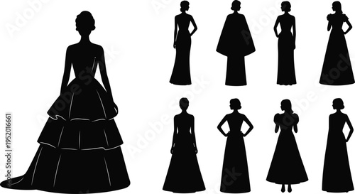 Elegant women evening gown silhouette collection fashion dress models long formal dresses set, cad drawing flat vector illustration