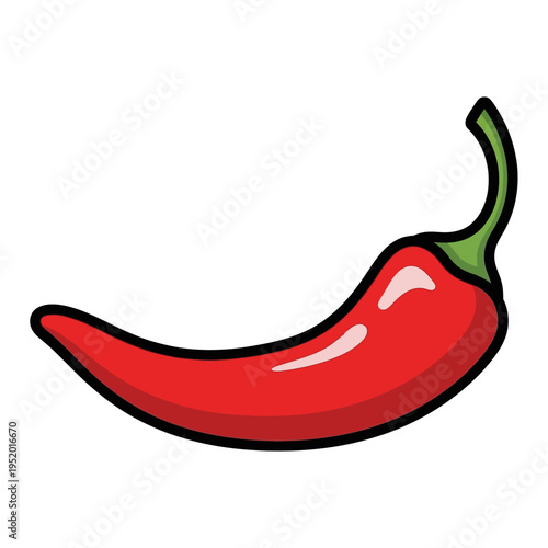 A vibrant, cartoon-style illustration of a single, bright red chili pepper with a green stem, set against a white background.