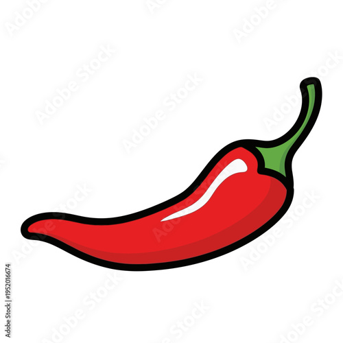 A vibrant red chili pepper with a green stem, depicted in a simple, bold cartoon style against a white background.