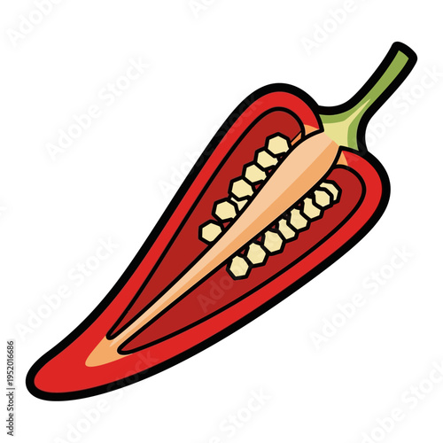 A vibrant illustration of a red chili pepper sliced in half lengthwise, revealing its seeds and inner structure.