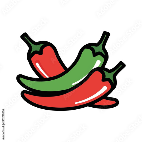 A vibrant illustration of three chili peppers, two red and one green, artfully arranged in a cluster.