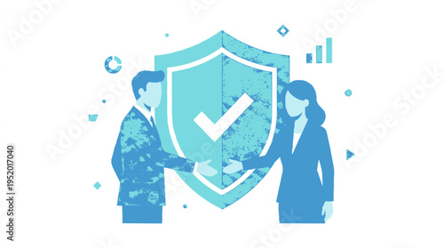 Blue shield with checkmark symbolizing agreement between two business professionals shaking hands in light blue tones