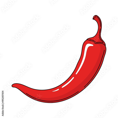 A vibrant, glossy red chili pepper with a curved stem, isolated on a white background.