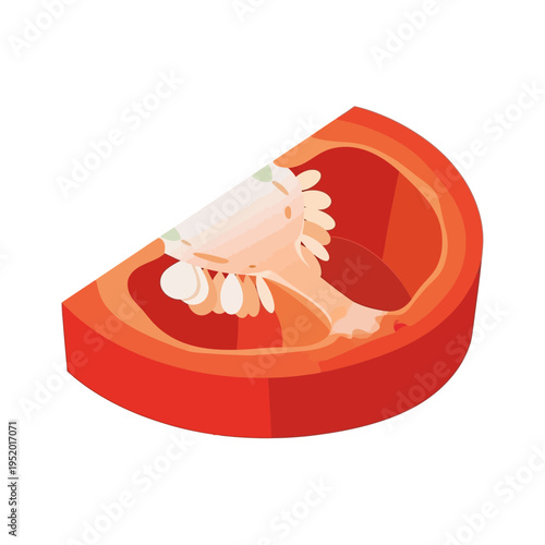 A vibrant, cross-sectioned slice of a ripe red bell pepper, showcasing its internal structure with seeds and membranes.
