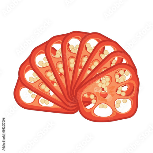 A fan of thinly sliced red chili peppers, showing their seeds and internal structure.