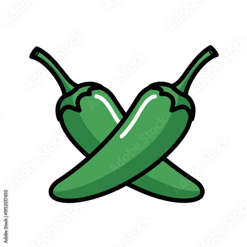 Two vibrant green jalapeño peppers are crossed over each other, isolated on a white background.