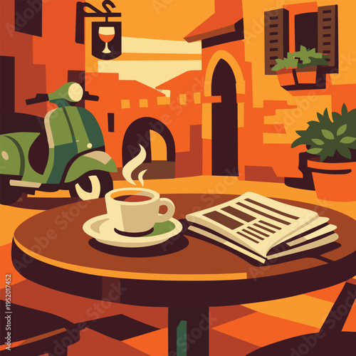 Flat vector illustration of a cozy Italian street cafe with an espresso cup, newspaper, and vintage green scooter in a warm sunlit alley at sunset.