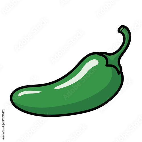 A vibrant, cartoon-style illustration of a single, ripe green jalapeño pepper with a glossy finish and a curved stem.
